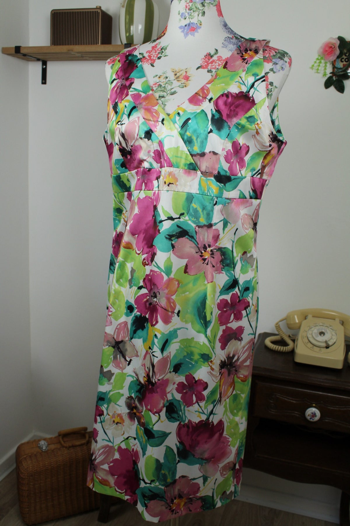 Robe vintage années 80/90 fleure façon aquarelle satinée - Taille 38/40