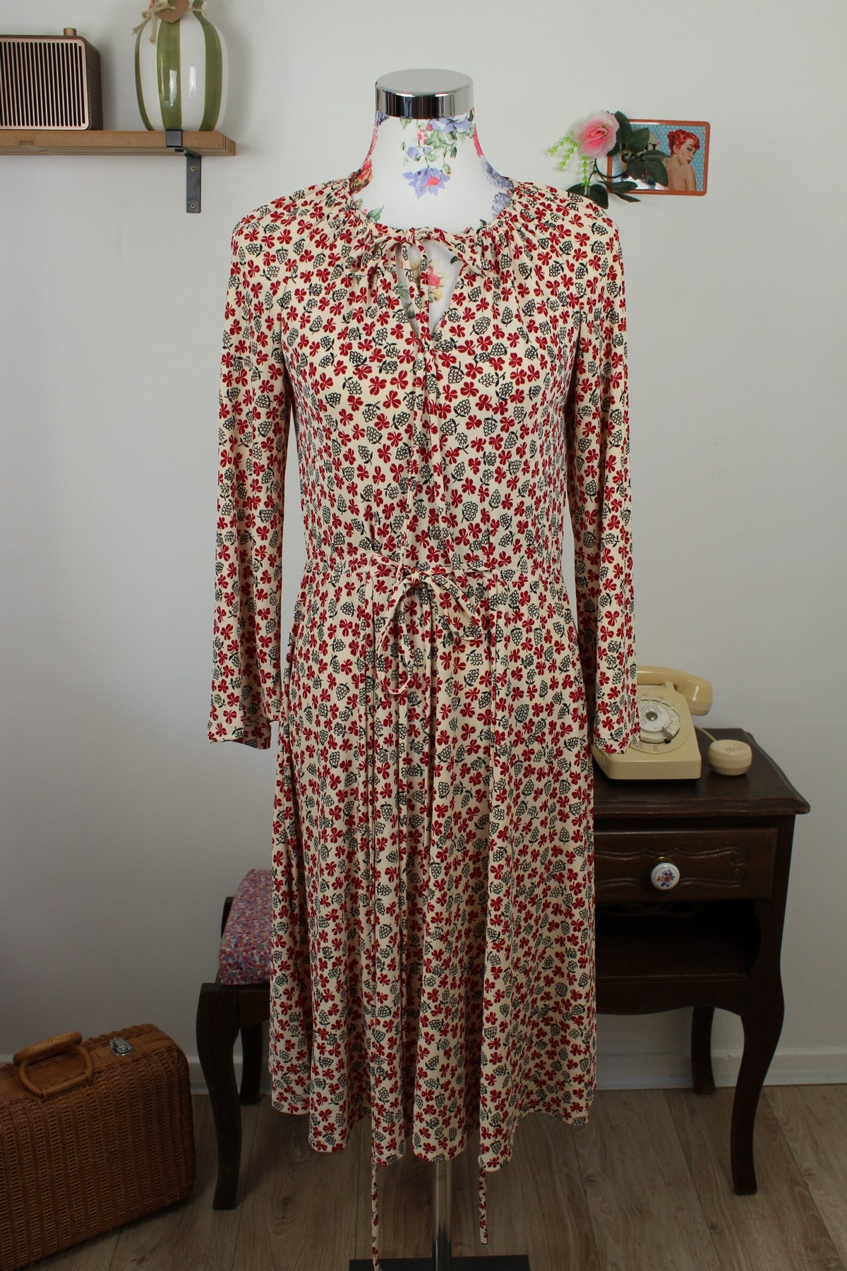 Robe vintage années 70 champêtre romantique - trèfles & pommes de pin - Taille 36/38