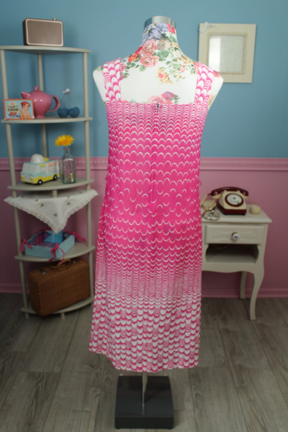 Ensemble robe + boléro vintage années 70 rose pep's motif coquille - Taille 36