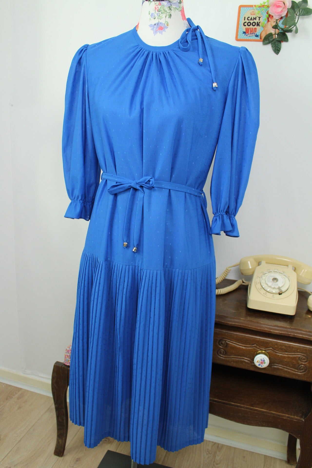 🌸🍒Robe bleue plissée vintage 70/80's manches bouffantes - Taille 40/42🍒🌸