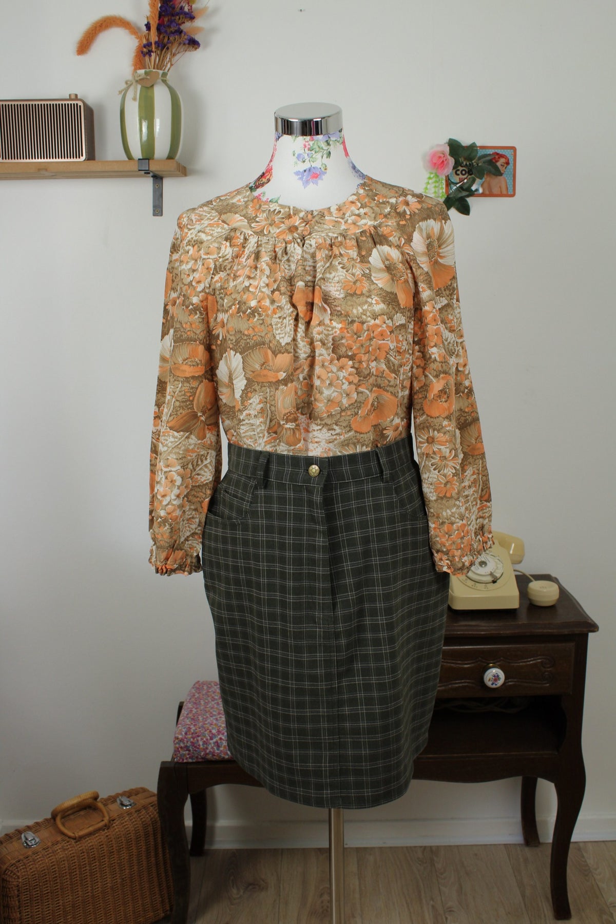 Jupe vintage années 90 à carreaux tartan vert foncé Chassé Croisé - Taille 38