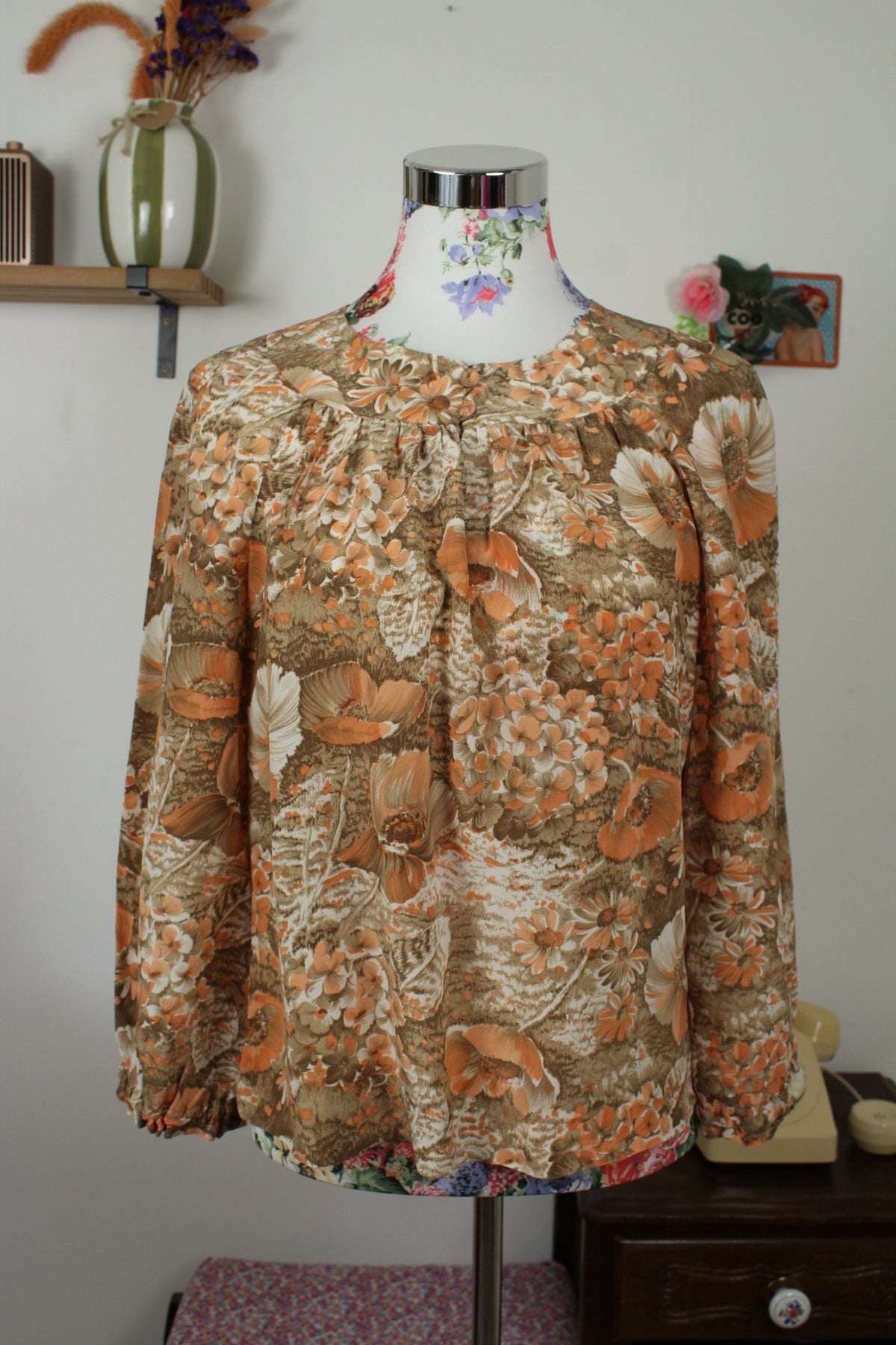 Blouse vintage années 70 esprit tapisserie de fleurs automnales - Taille 38/40