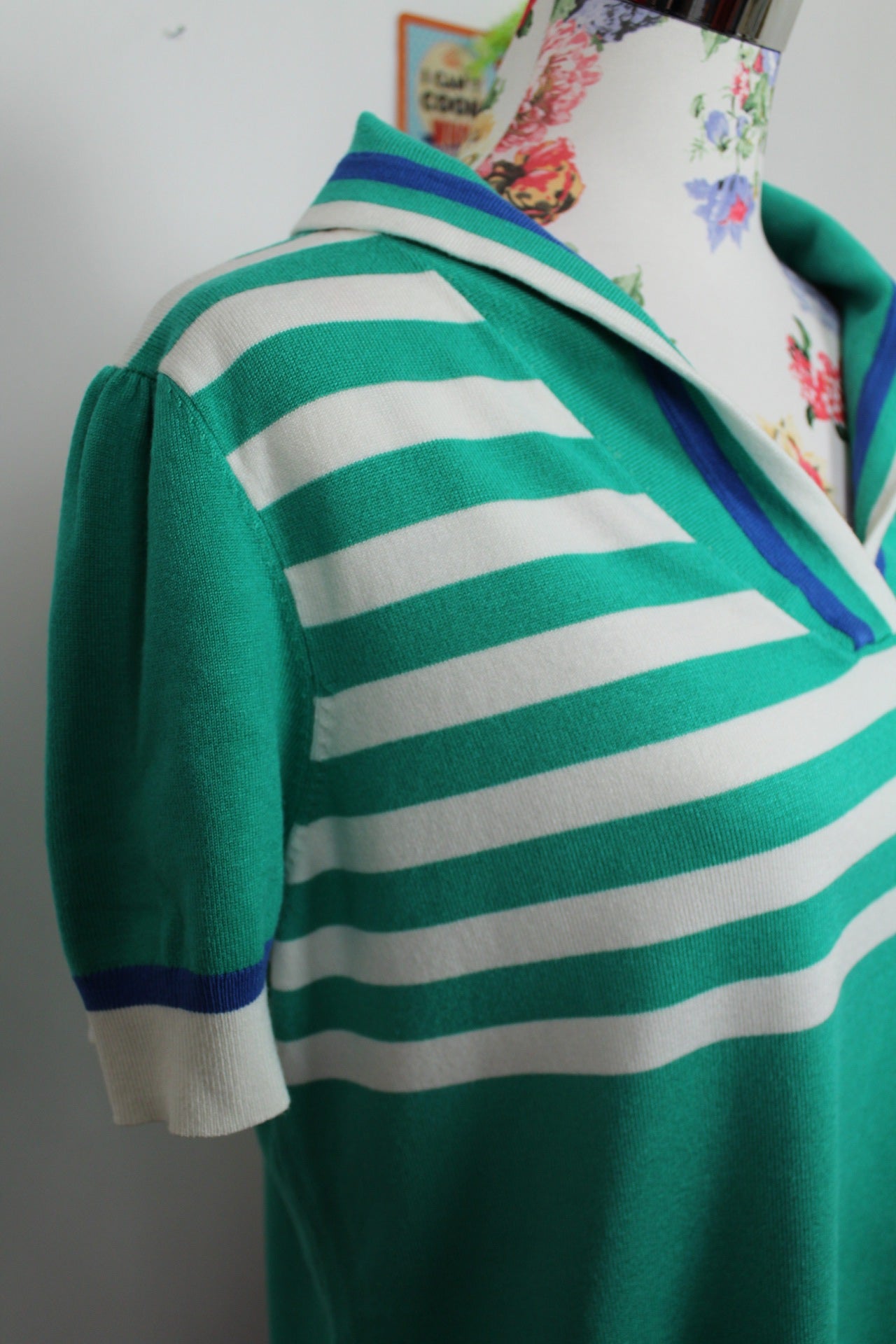 🍒🌸Polo rétro 80's rayé vert & blanc - Julie Guerlande - Taille 40/42🌸🍒