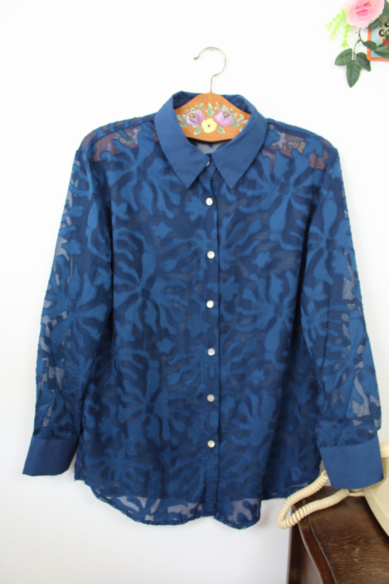 🍒🌸Chemise vintage 80/90s bleu marine - voile transparent - Taille 40/42🌸🍒