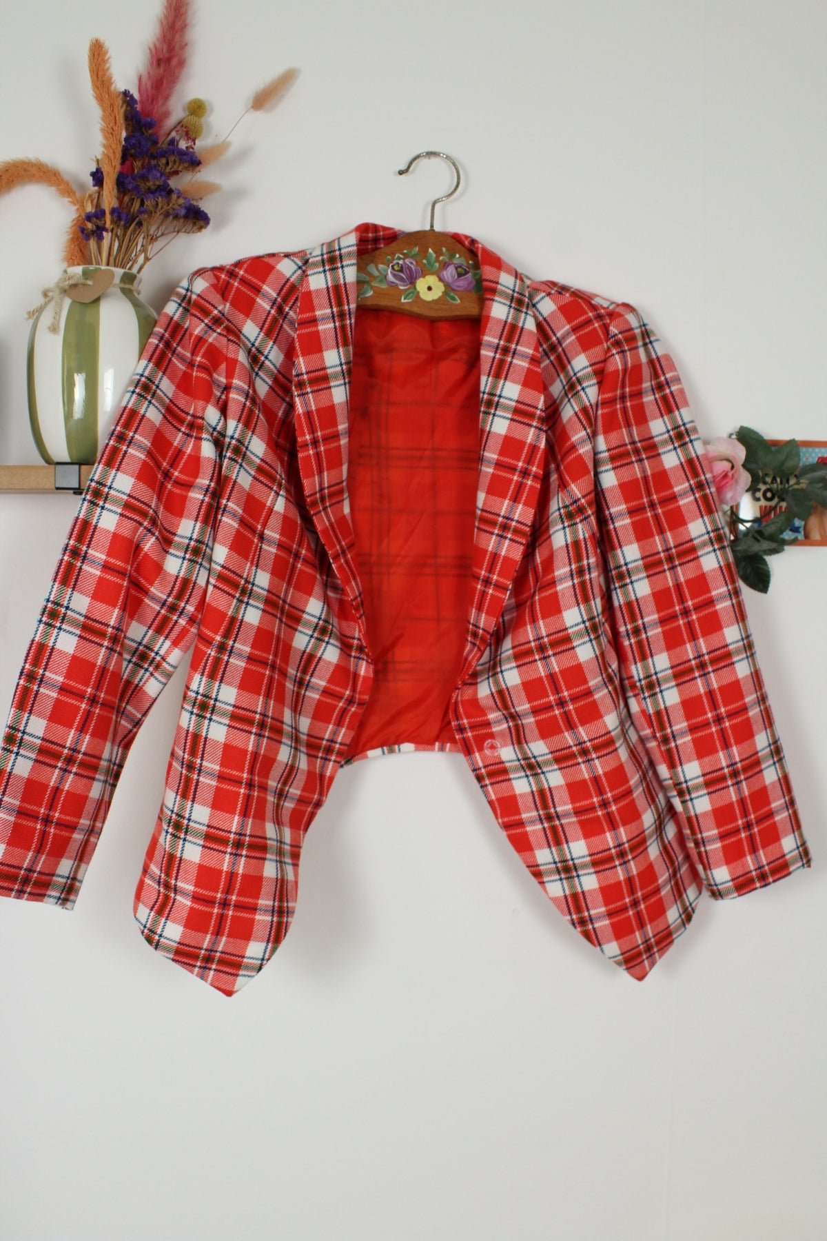 Veste vintage années 80 carreaux tartan rouge & blanc - à deux pans pointus - Taille 38