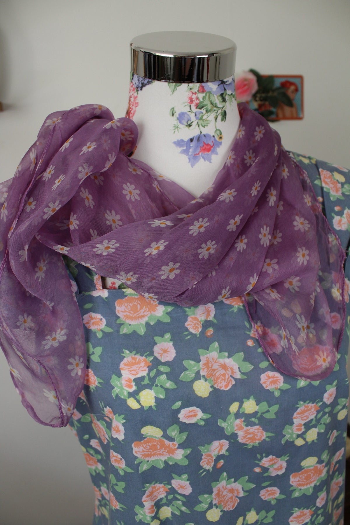 🌸🍒Foulard vintage années 90/2000 violet & marguerites🍒🌸