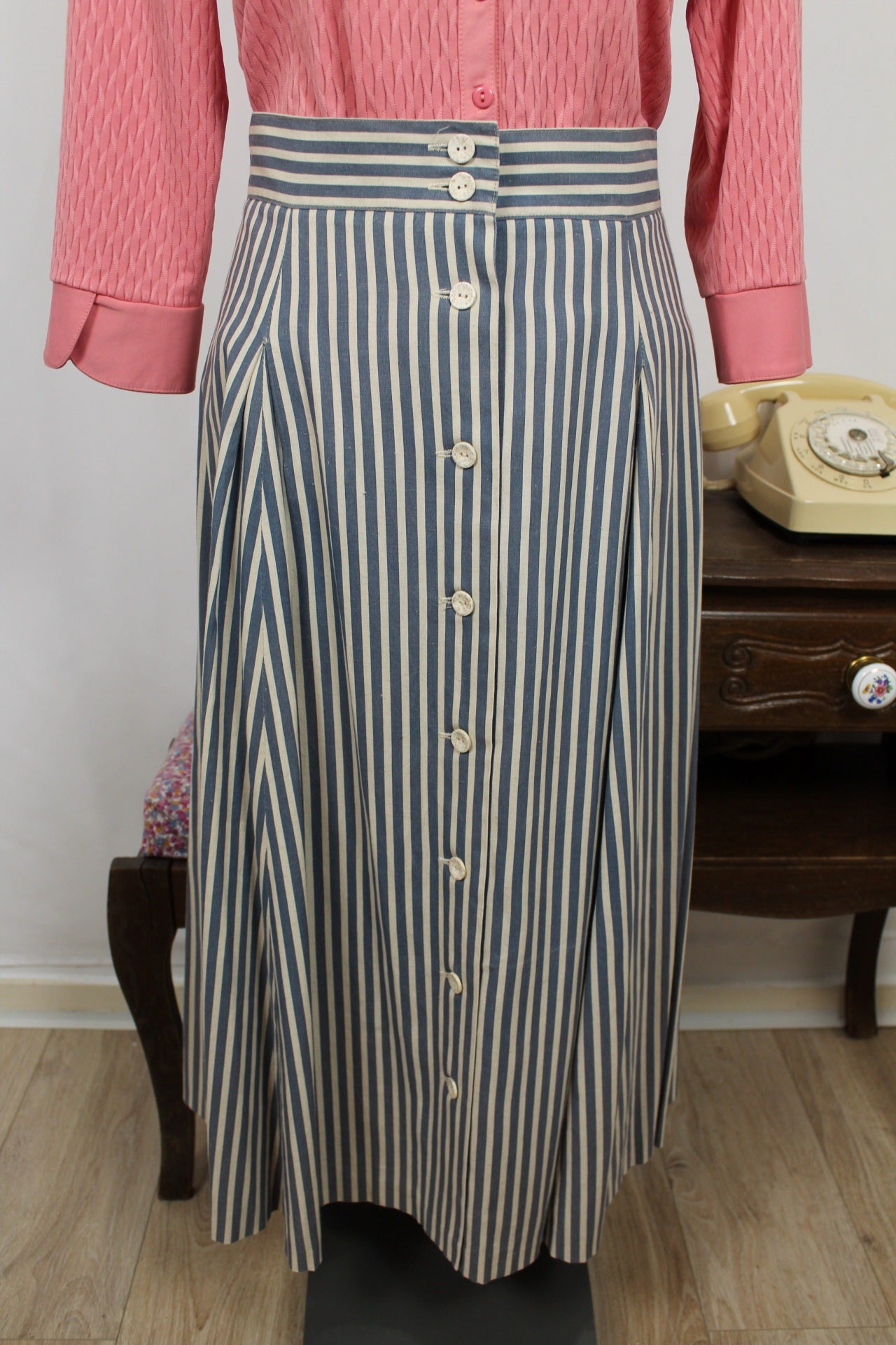 🍒🌸Jupe midi vintage 90's esprit marin à rayures en lin - Taille 42🌸🍒