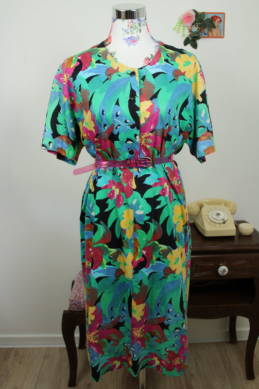🌸🍒Robe vintage 80's coton imprimé tropical & ceinture translucide colorée - T.44🍒🌸