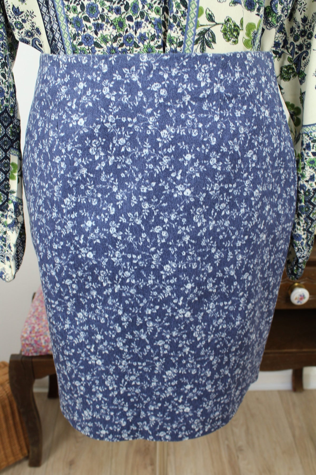 Jupe vintage années 90 Nina Kalio en denim effet fleuri liberty - Taille 40