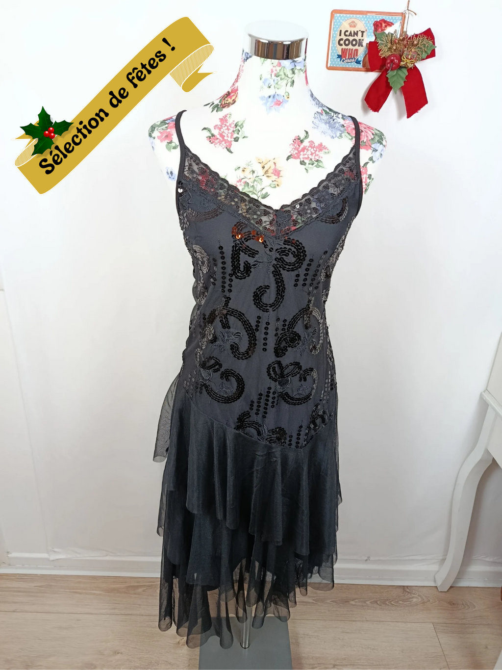 🎄Robe noire fluide à sequins asymétrique - robe de soirée style cabaret glam 🎄