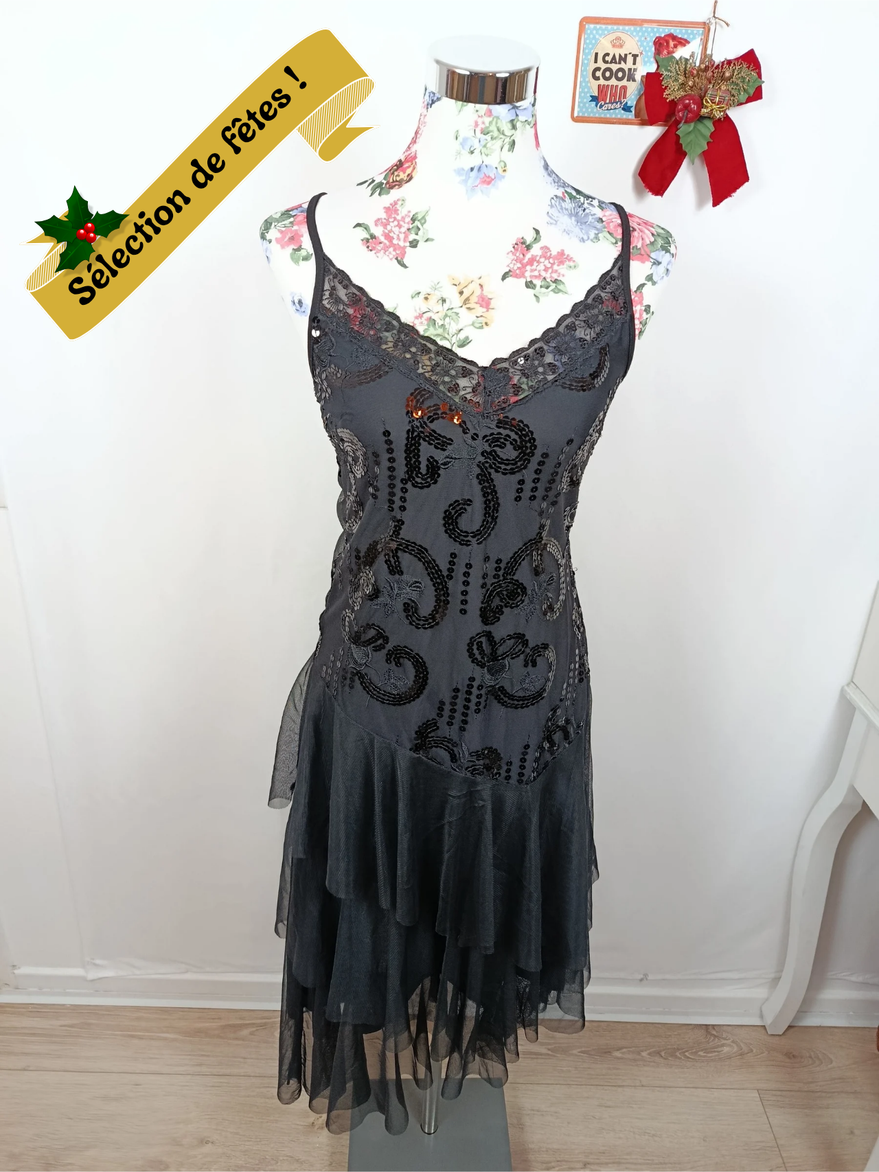 🎄Robe noire fluide à sequins asymétrique - robe de soirée style cabaret glam 🎄