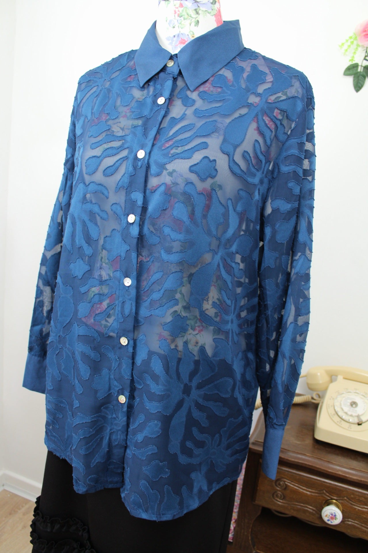 🍒🌸Chemise vintage 80/90s bleu marine - voile transparent - Taille 40/42🌸🍒