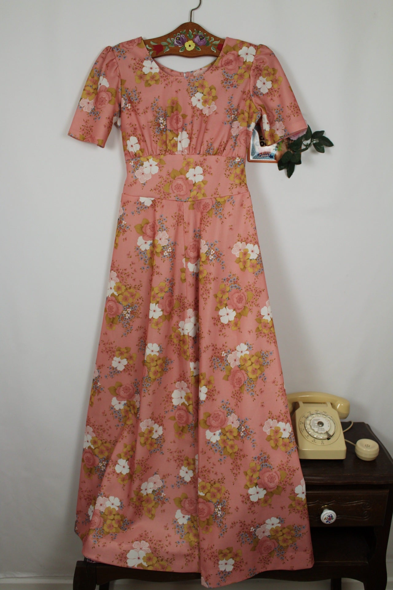 🌸🍒Robe longue vintage 70's bohème romantique rose poudrée fleurie - Taille 34/36🍒🌸