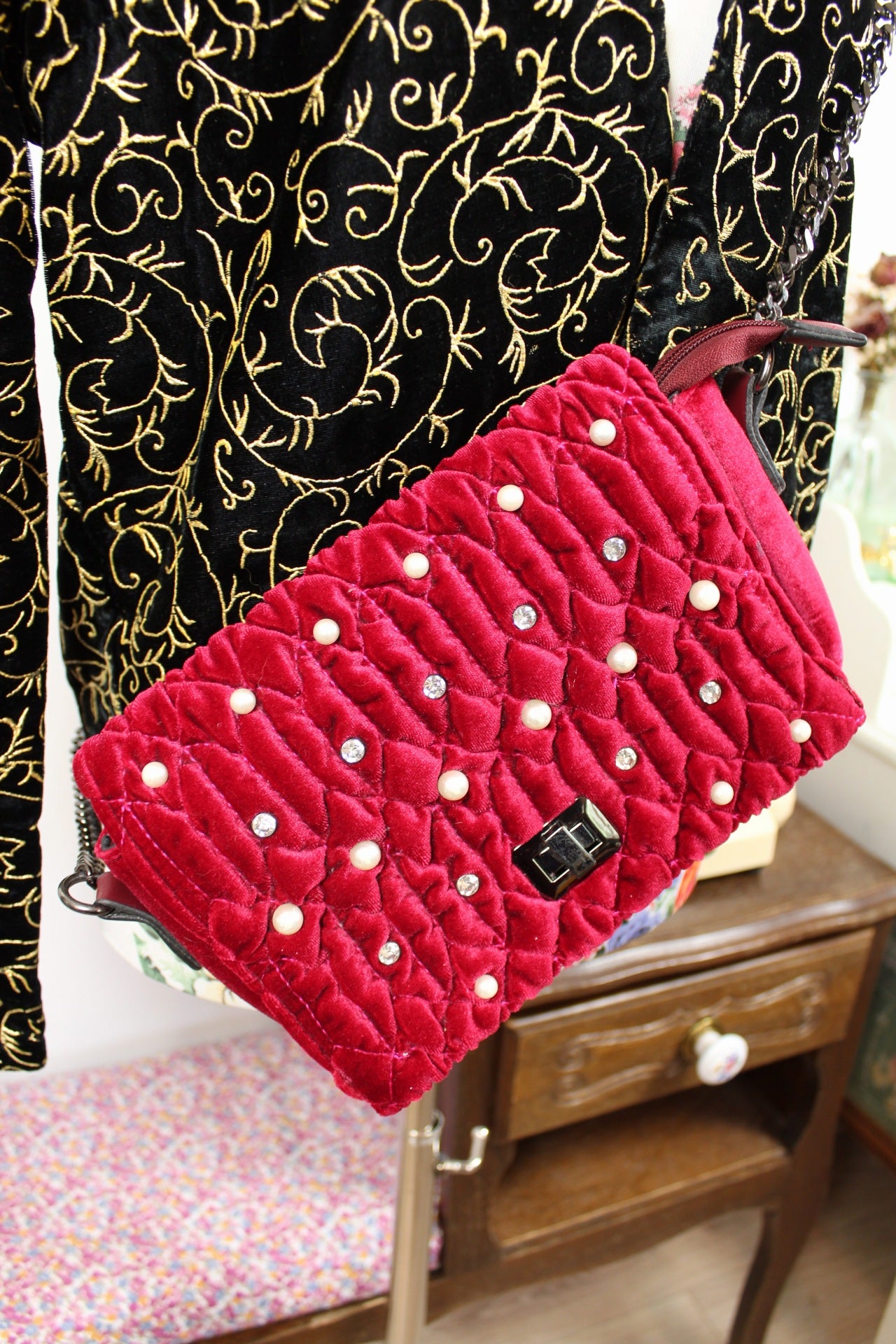 🎄Sac de soirée velours framboise - perles & strass🎄