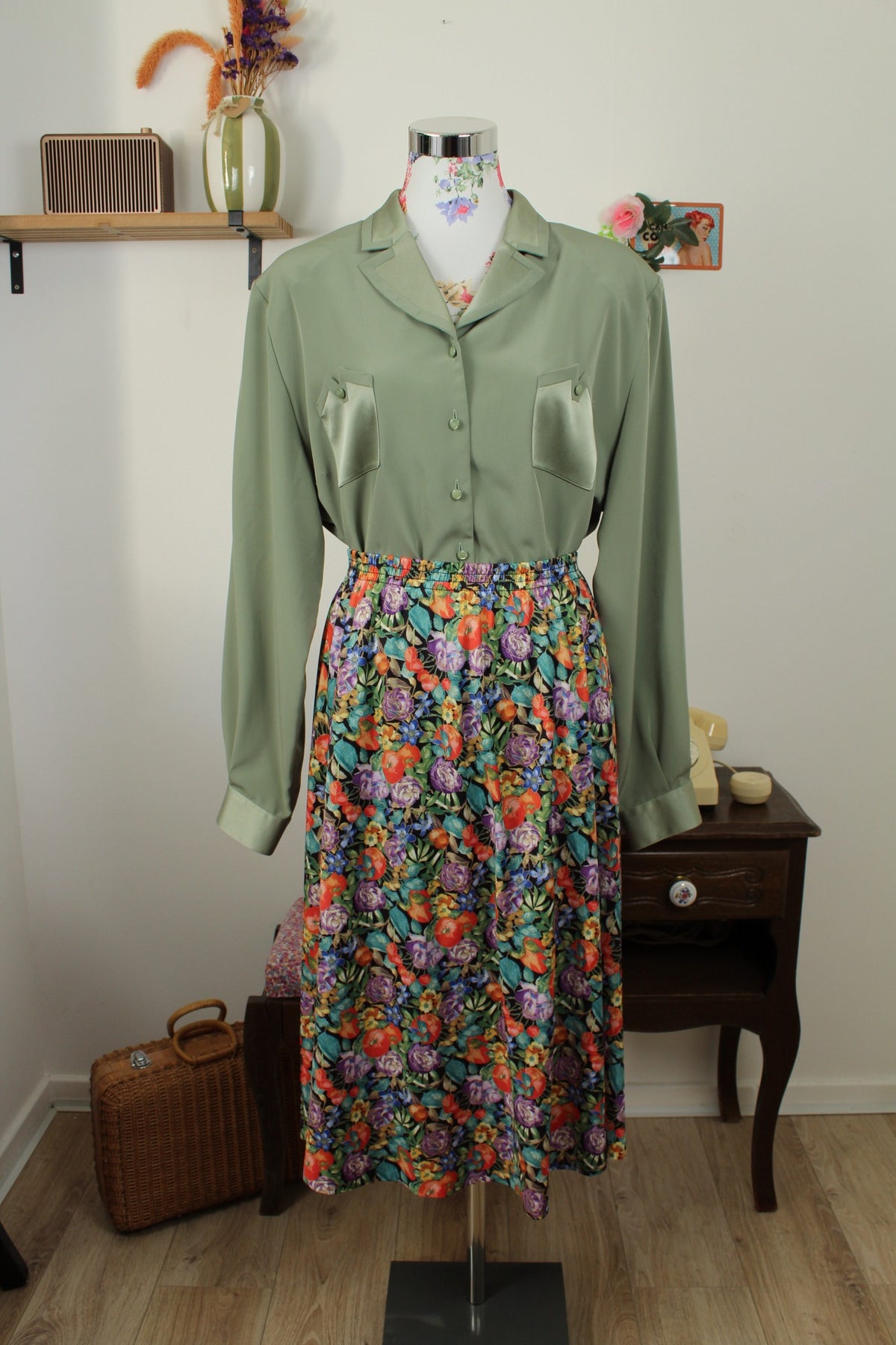 Jupe plissée vintage années 80 fleurs & fruits - Taille 46 à 52