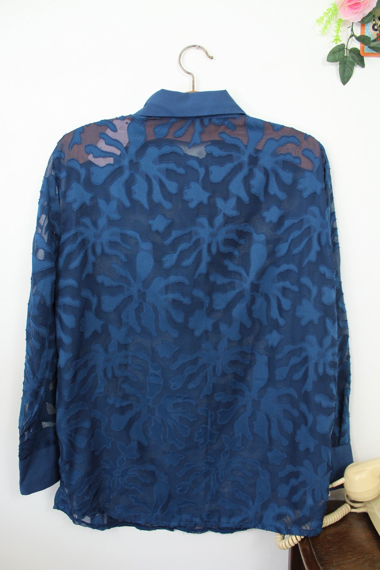 🍒🌸Chemise vintage 80/90s bleu marine - voile transparent - Taille 40/42🌸🍒