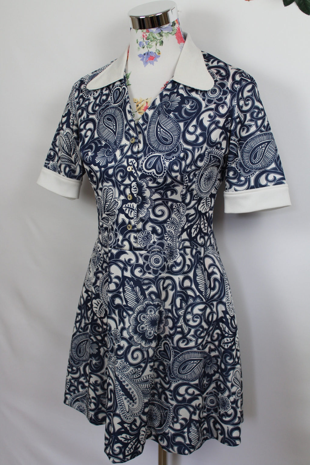 🌸Robe vintage navy fleurie baroque 70's - made in France🍒