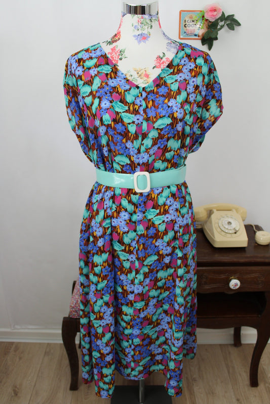 🌸🍒Robe vintage 80/90s en voile imprimé floral turquoise & violet + ceinture - Taille 42/44🍒🌸