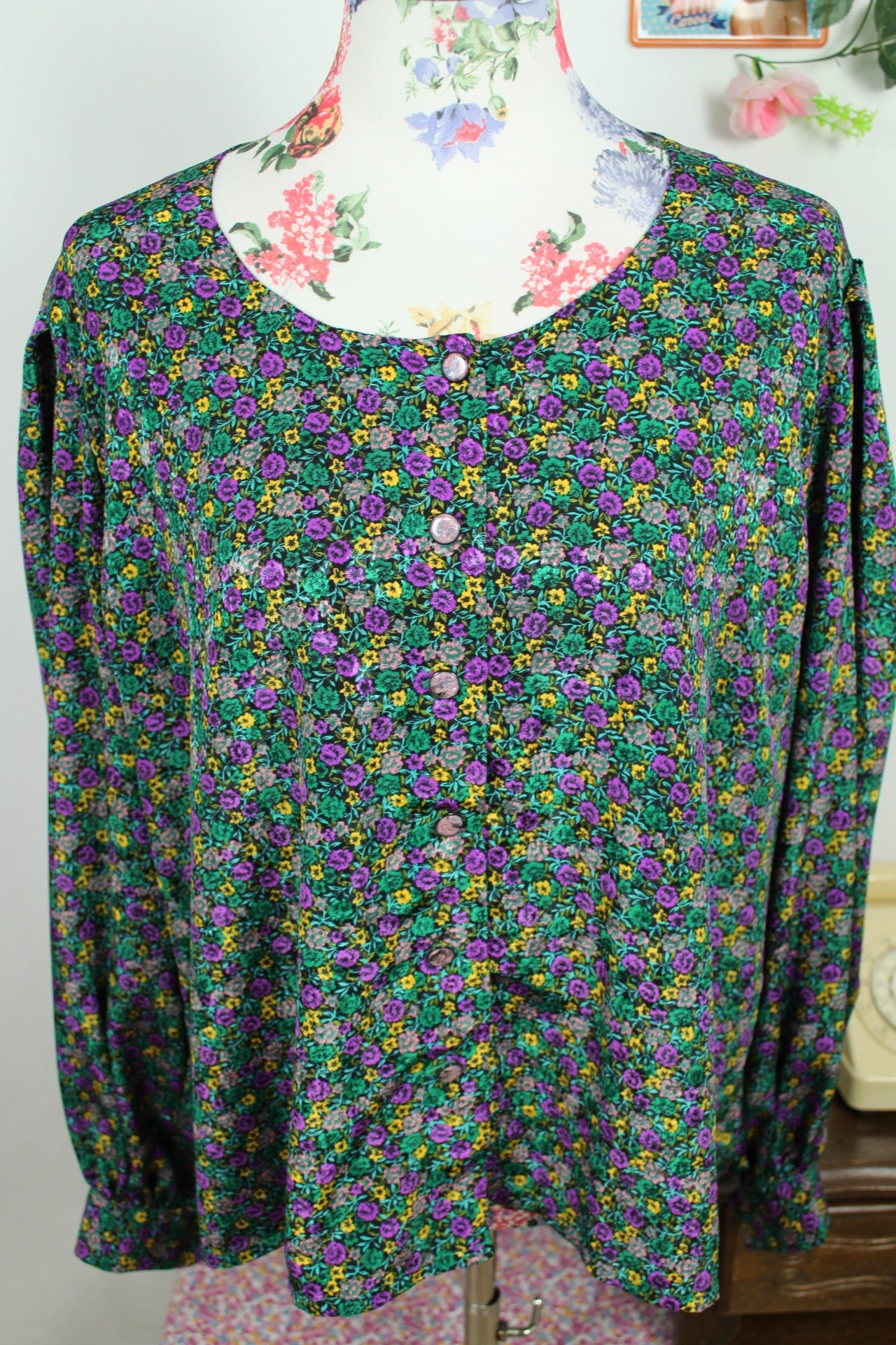 🌸🍒Blouse vintage 80/90s fait main fleurie - manches bouffantes & boutons nacrés - Taille 46/48🍒🌸