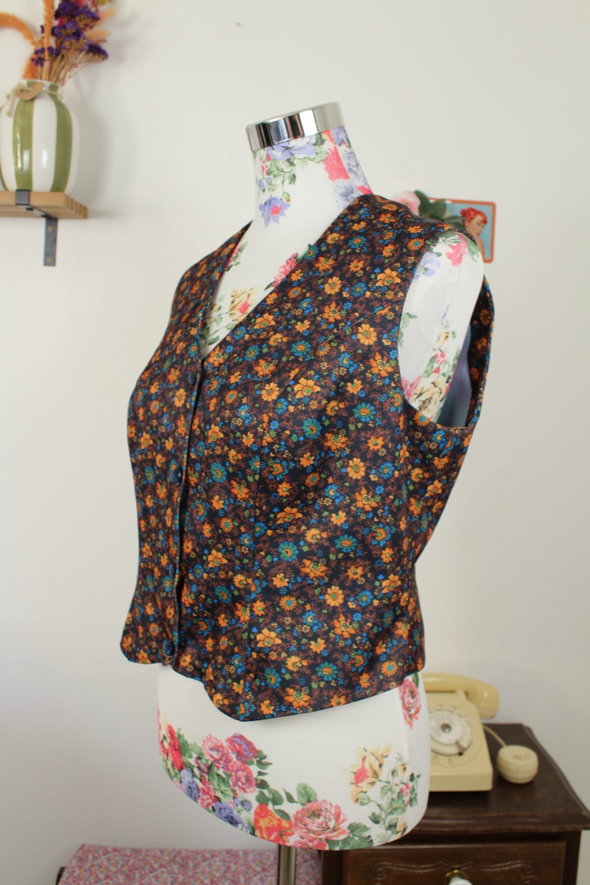 Gilet vintage années 70 esprit tapisserie vintage flower power automnal - Taille 40/42