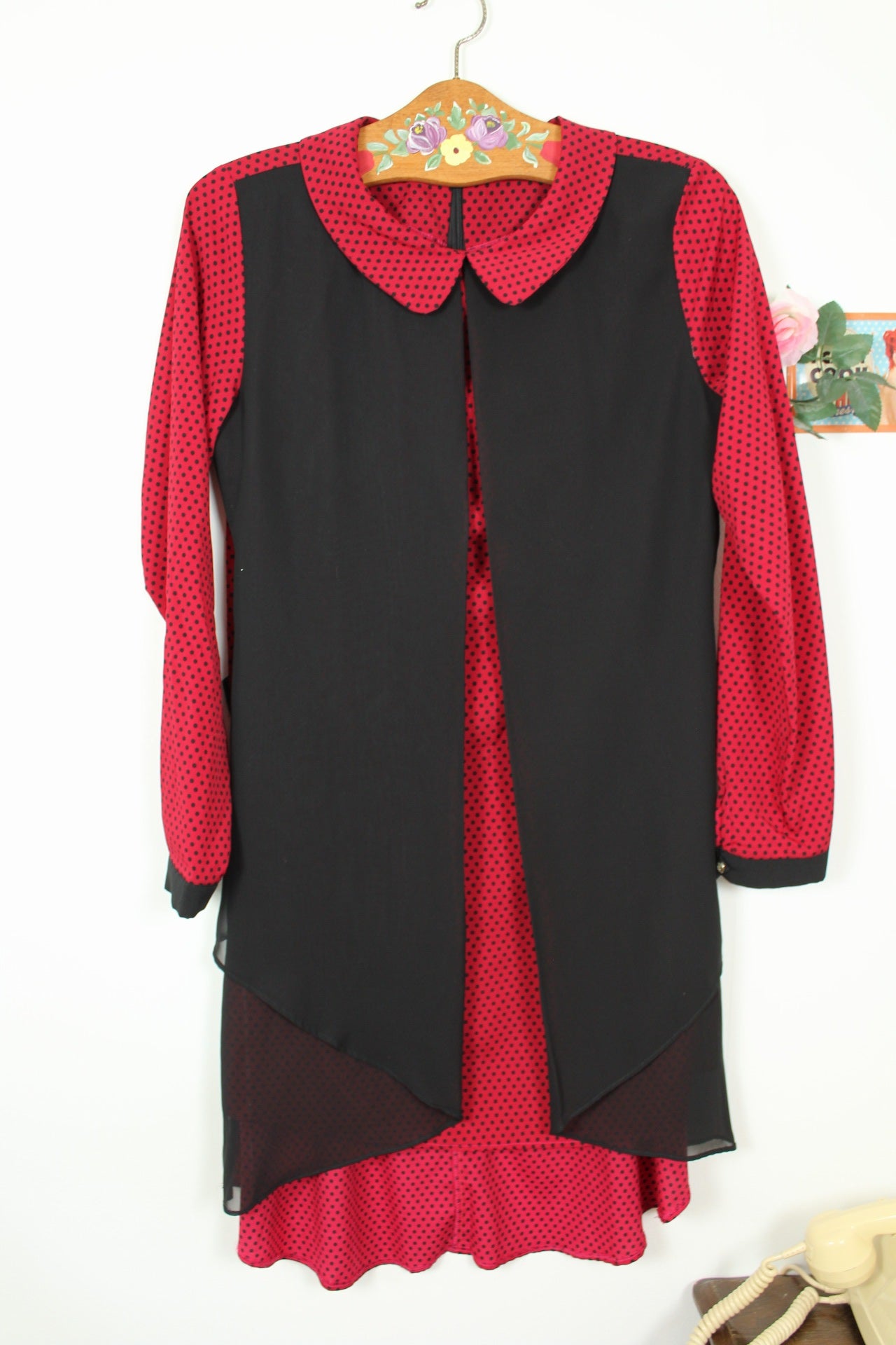 🍒🌸Robe vintage 80's pois rouge & noir - col claudine style pin-up rockabilly - Taille 38/40🌸🍒