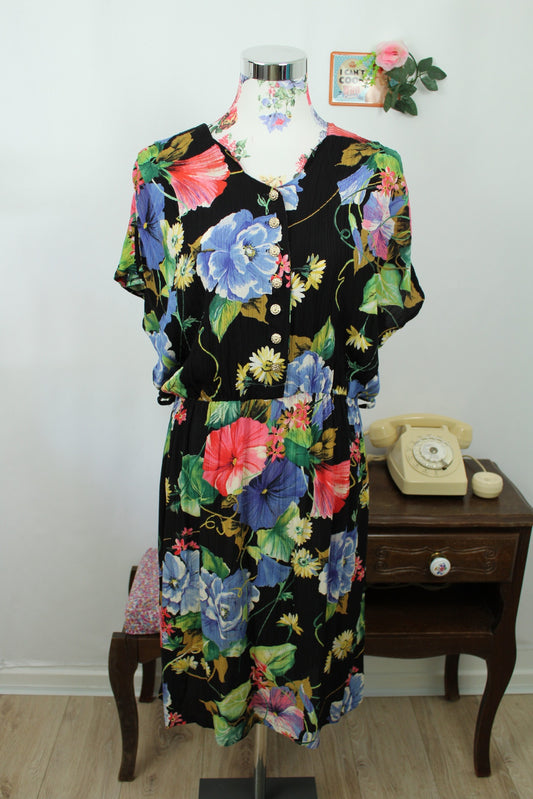🌸🍒Robe vintage 90's intemporelle noire explosion de fleurs colorées - Taille 40 à 44🍒🌸