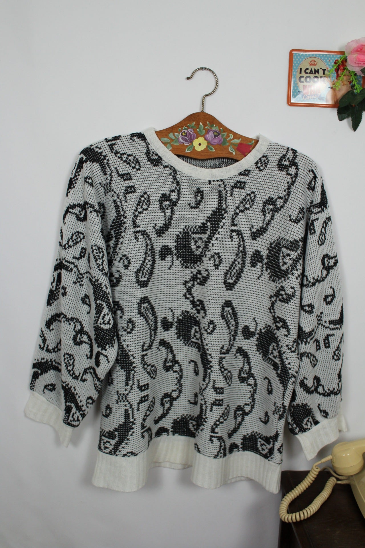 🌸🍒Pull vintage années 80 paisley graphique - noir et blanc - Taille 38 à 42🍒🌸