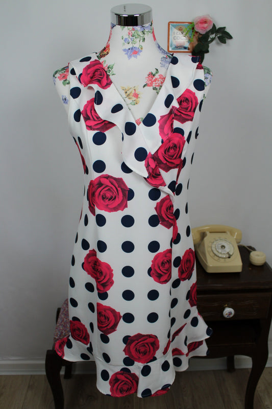 🌸🍒Robe rockabilly/pin-up pois marines & roses fuchsia - Jus d'Orange - Taille 38🍒🌸
