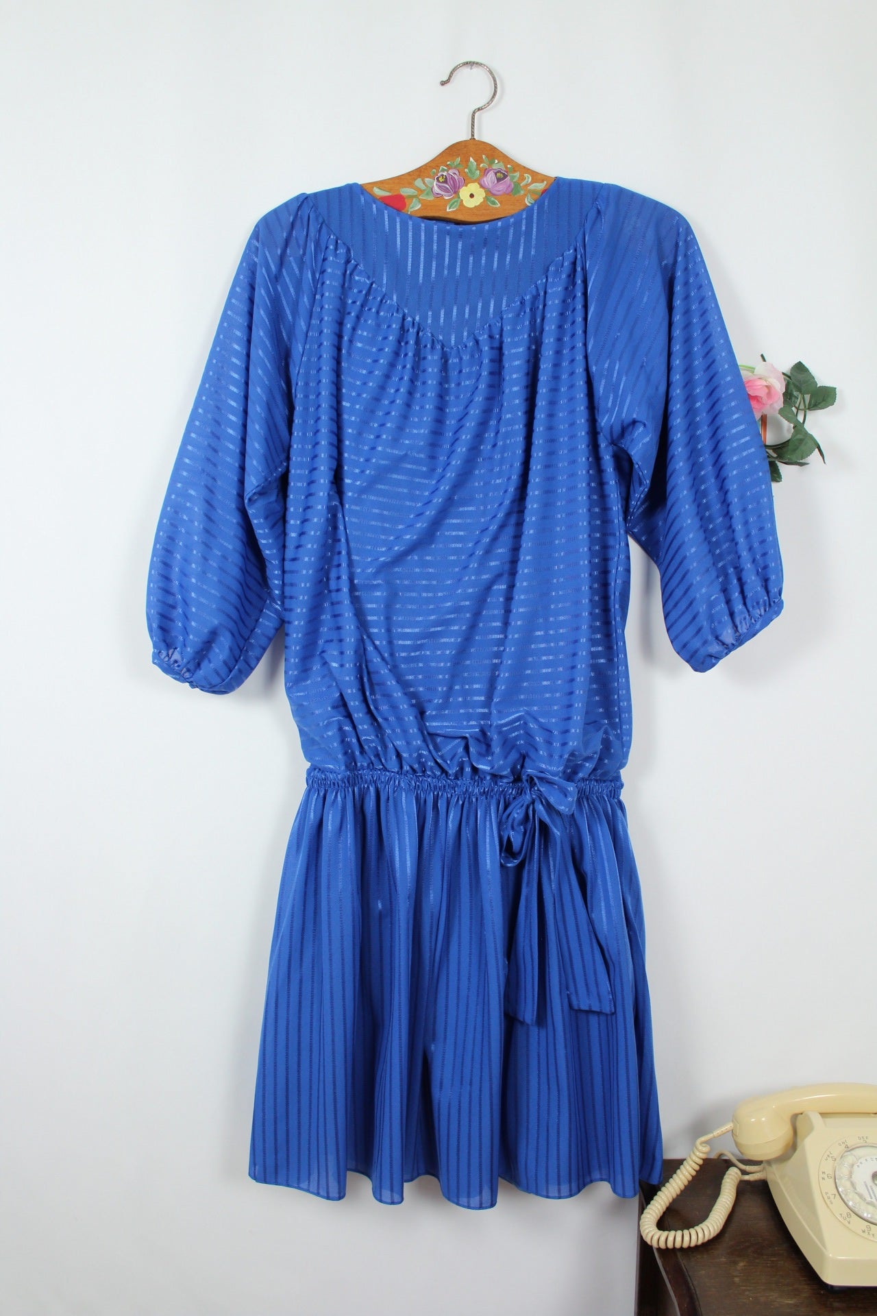 🌸🍒Robe vintage 70/80s bleue fluide à bandes satinées - Taille 40 à 44🍒🌸