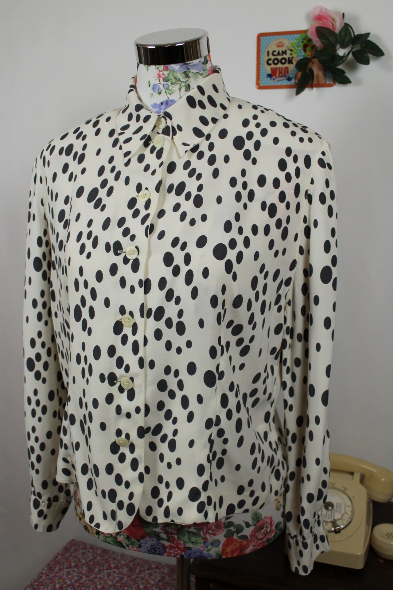 🌸🍒Chemise vintage Betty Barclay 80/90's - blanc écru & pois noir - Taille 40/42🍒🌸