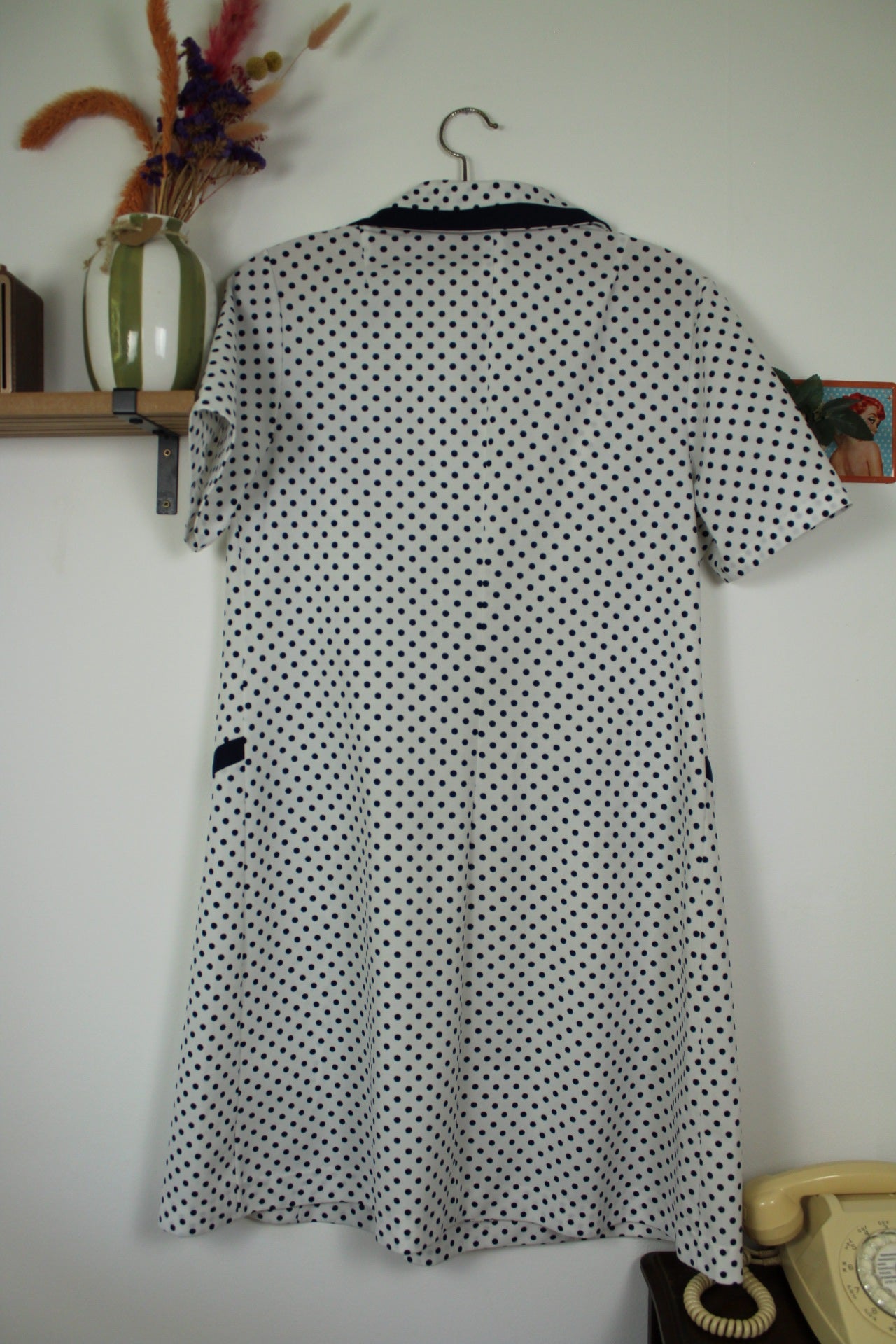 🌸🍒Robe vintage 80's pin-up/rockabilly à pois marine - col chemise - Taille 40/42🍒🌸