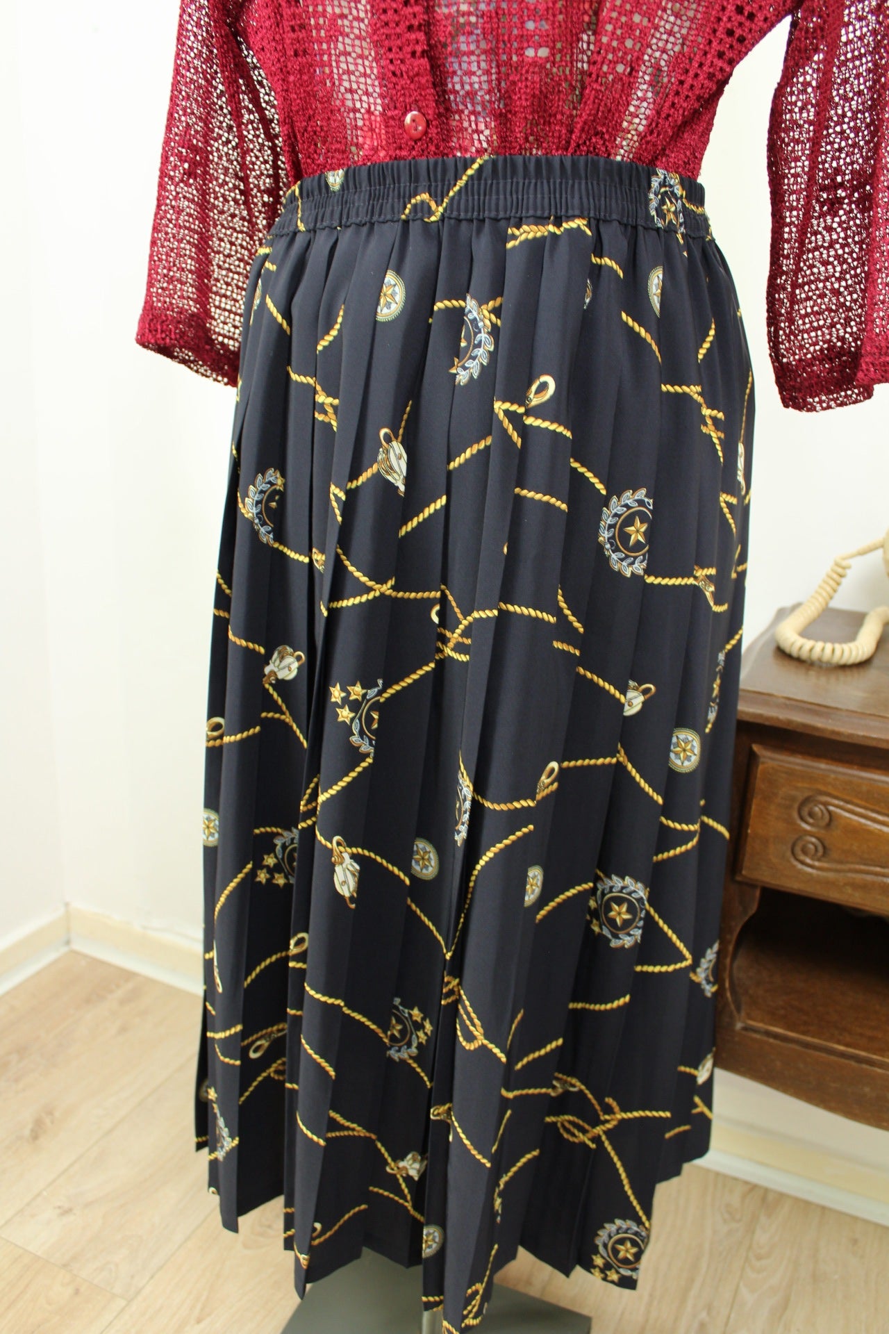 🌸🍒Jupe midi plissée vintage 80's imprimée motifs marins - Taille 38 à 42🍒🌸