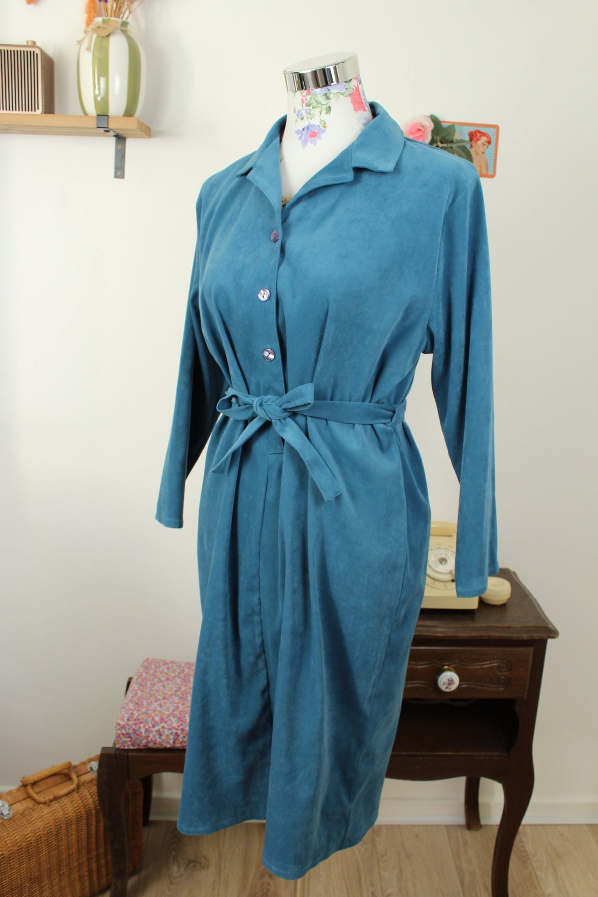 Robe bleu vintage années 90 velours lisse - esprit chemise ceinturée - Taille 40/42