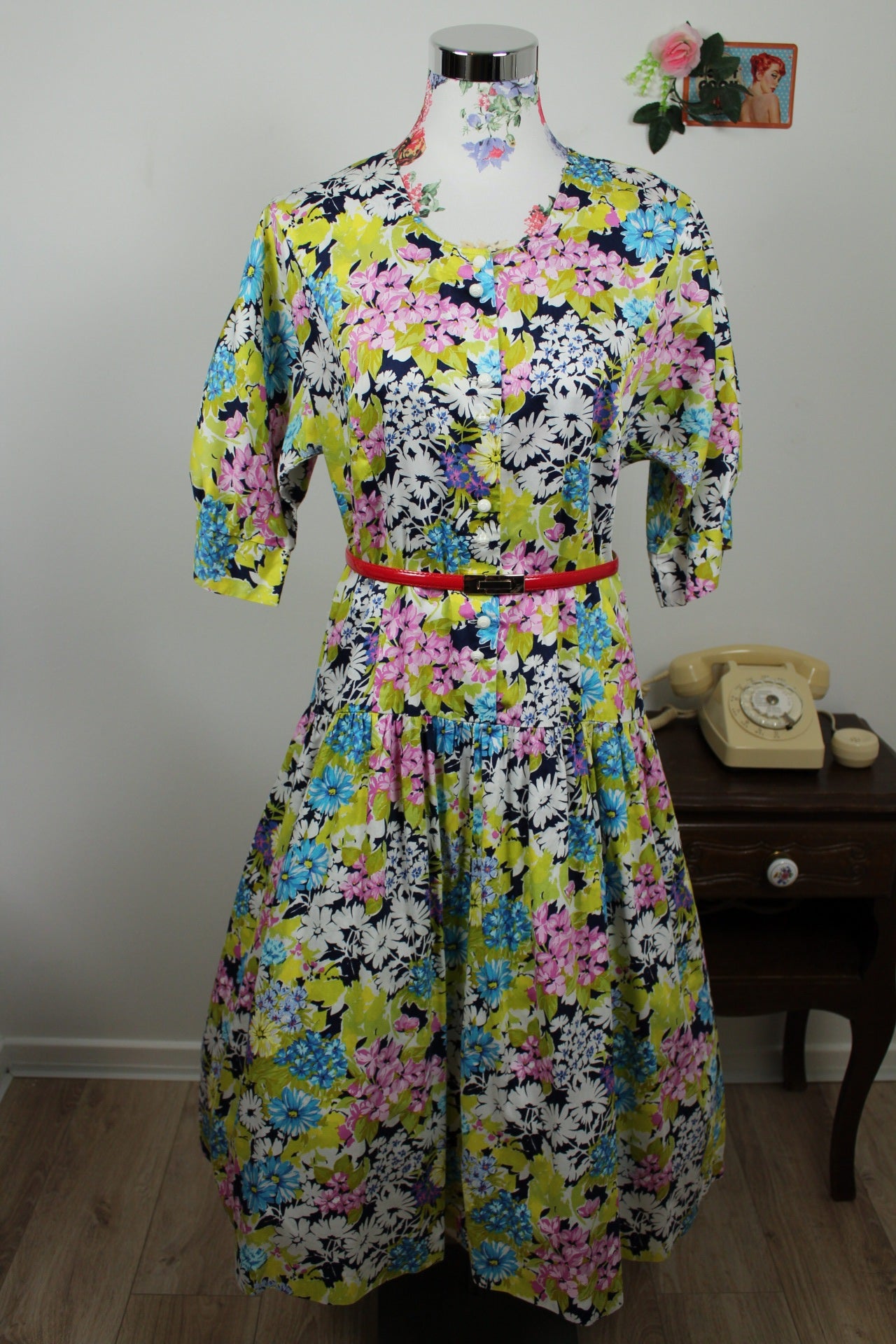 🌸🍒Robe vintage 80's fleurie Gevana - manches bouffantes 100% coton - Taille 38/40🍒🌸