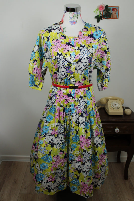 🌸🍒Robe vintage 80's fleurie Gevana - manches bouffantes 100% coton - Taille 38/40🍒🌸