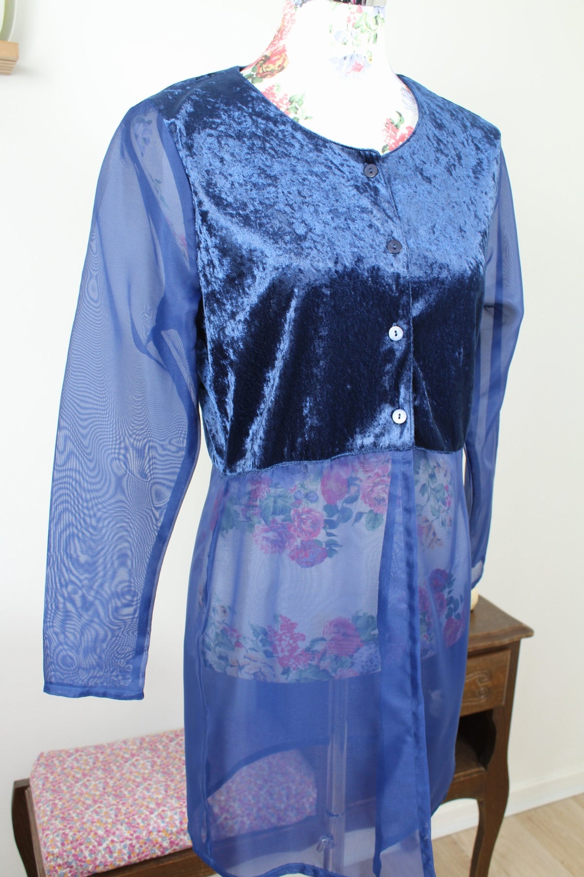 Blouse vintage années 90 bi matière velours satiné & transparence marine - Taille 38/40