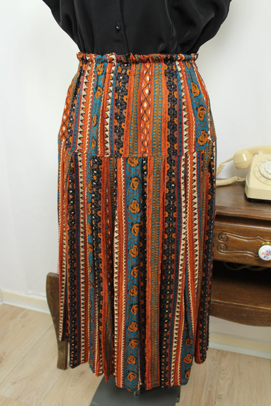 🌸🍒Jupe midi vintage 70's bohème folk terracotta & turquoise - Taille 36 à 40🍒🌸