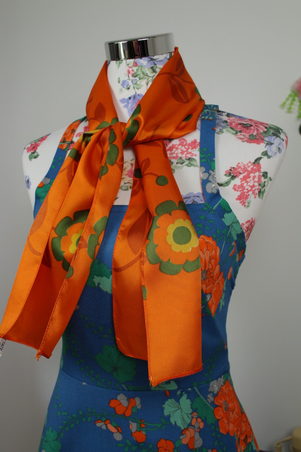🌸🍒Foulard vintage 70's orange pep's & fleurs géométriques psychédéliques 🍒🌸