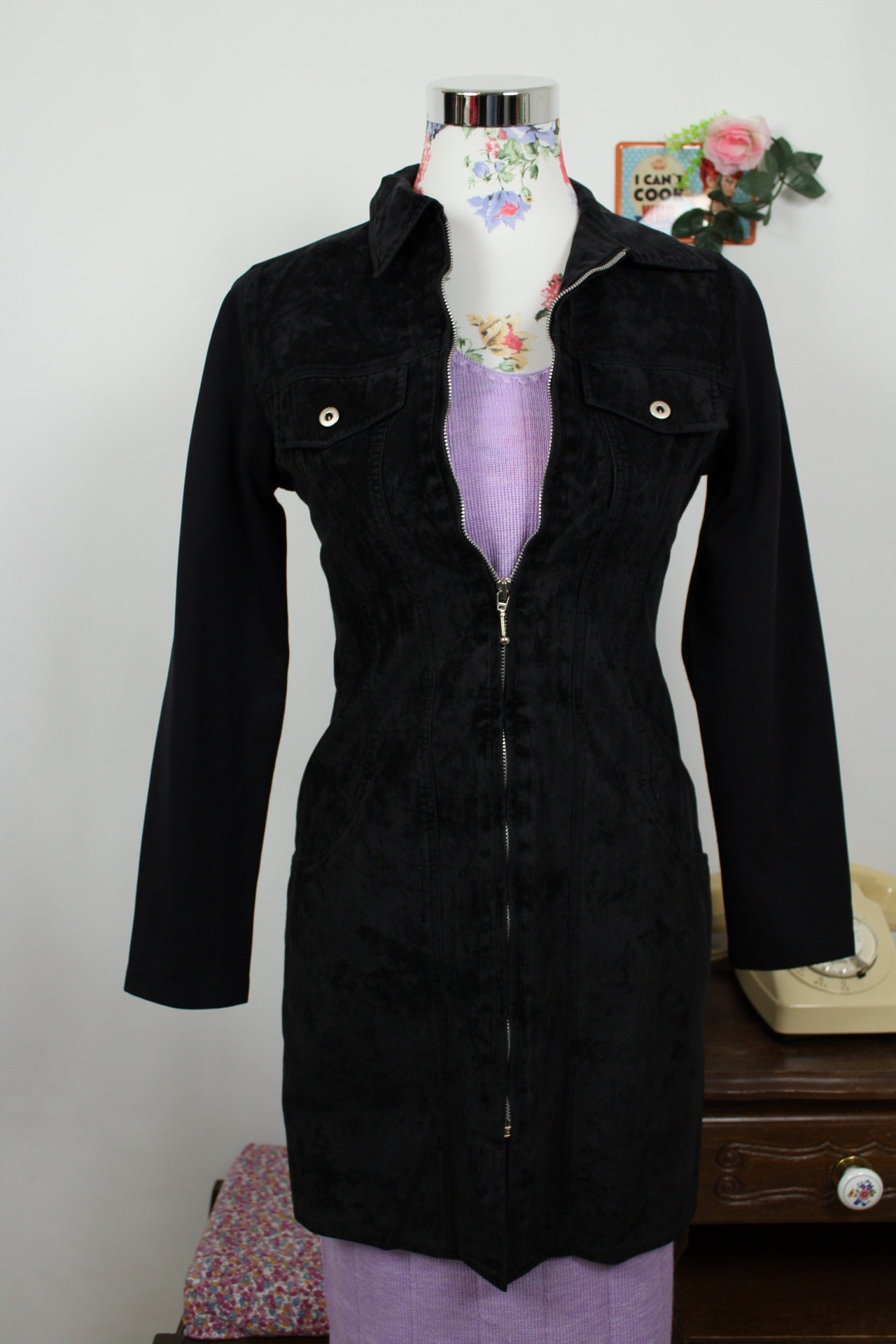 🍒🌸Veste longue vintage 90s/2000s effet daim noir - Scenic made in France - Taille 4/36