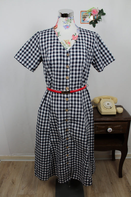 🍒🌸Robe pin-up rétro bohème vichy blanc et marine - boutons en bois - made in India - Taille 40/42🌸🍒