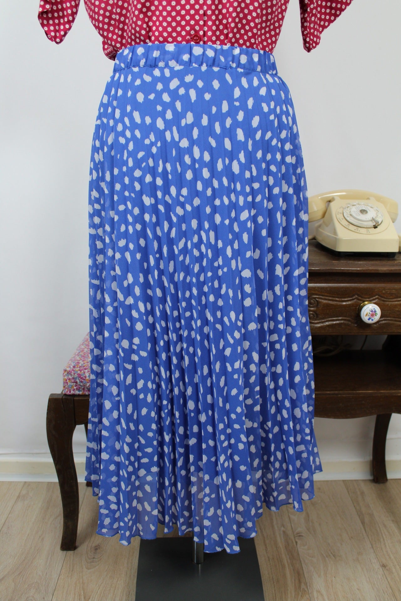 🌸🍒Jupe plissée vintage 80/90s bleue à pois - longueur midi - Taille 42/44🍒🌸