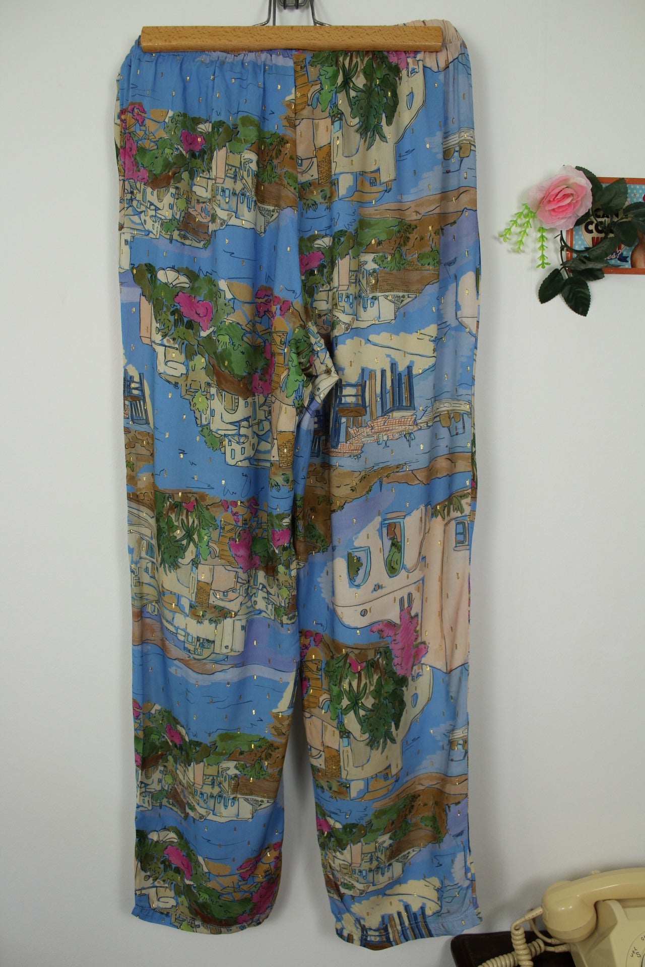 🌸🍒Pantalon fluide paysage de vacances - villages blancs & bord de mer - T.38🍒🌸