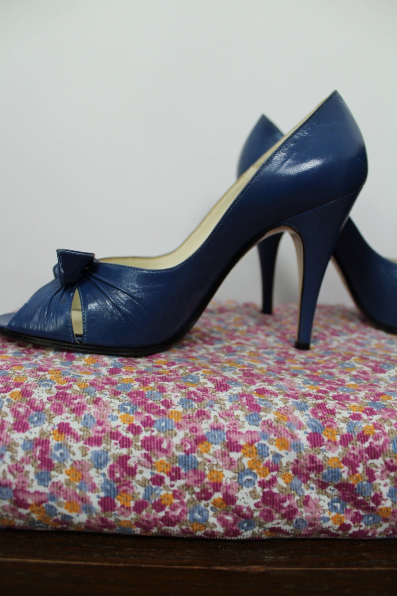 🌸🍒Escarpins vintage 80/90's bleu bout ouvert peep toe & nœud - cuir véritable - pointure 38🍒🌸