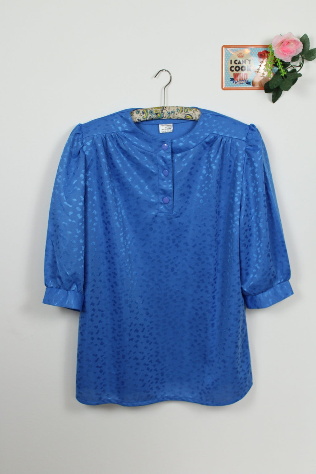 🌸Blouse vintage 80's bleu vif - motifs satinés léopard🍒