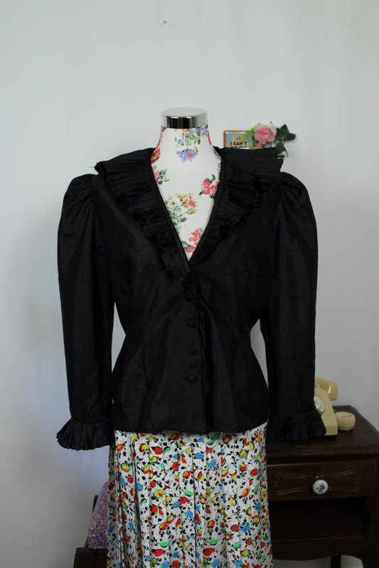 🌸🍒Blouse vintage 80/90s romantique noire - col volanté - Taille 40/42🍒🌸