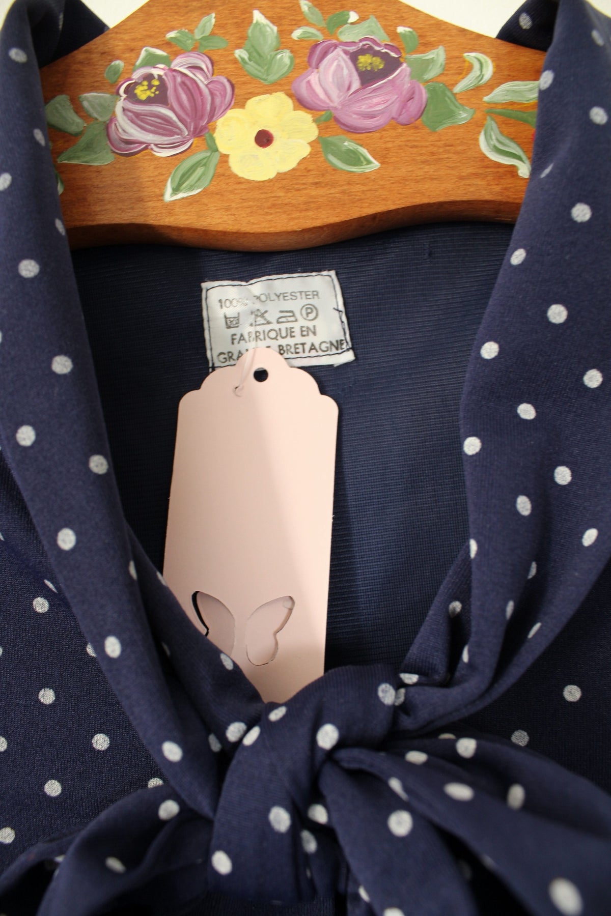 Robe vintage années 80 pin-up/rockabilly bleu marine à pois & col lavallière - Taille 42/44