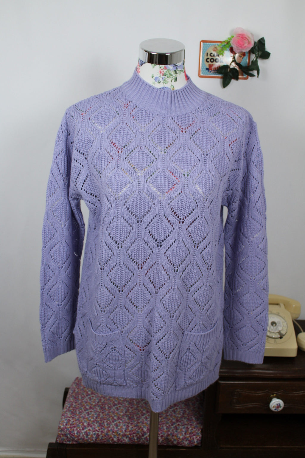 🍒🌸Pull ajouré lila vintage années 80 en laine - long & cosy avec poches 🌸🍒