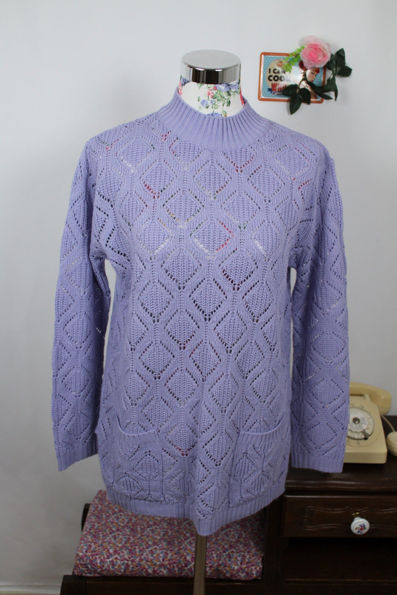 🍒🌸Pull ajouré lila vintage années 80 en laine - long & cosy avec poches - Taille 40/42 🌸🍒