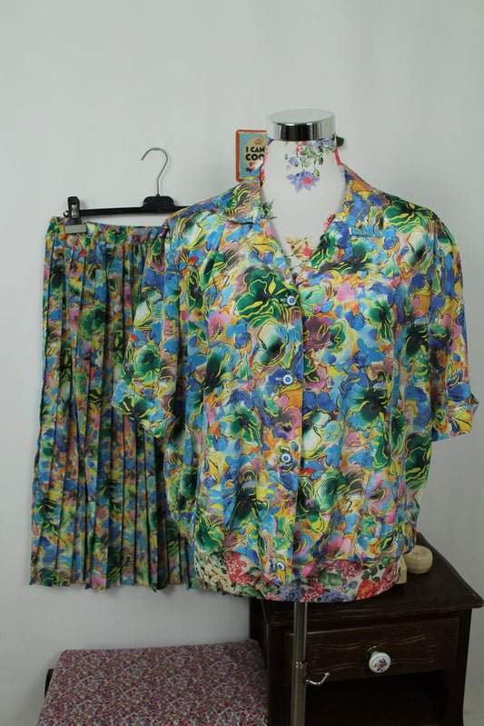 🌸🍒Ensemble vintage chemise + jupe plissée 80's imprimé floral abstrait ultra coloré - Taille 44/46🍒🌸