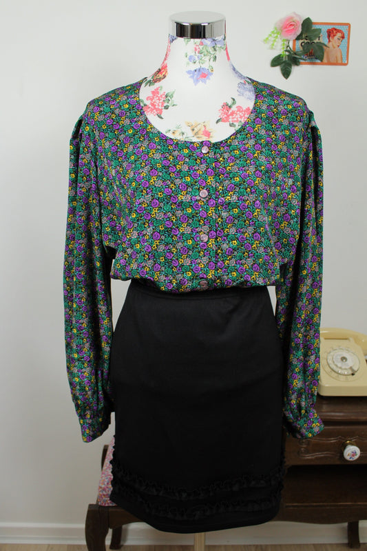 🌸🍒Blouse vintage 80/90s fait main fleurie - manches bouffantes & boutons nacrés - Taille 46/48🍒🌸